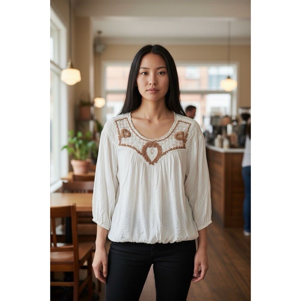 Free People Begonia Blouse Women’s XS Embroidered Boho Romantic Top Peasant
